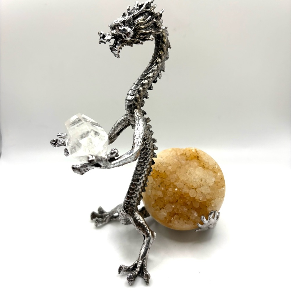 Metal Dragon Display Stand with Clear Quartz Crystal & Agate Druzy Sphere (2)